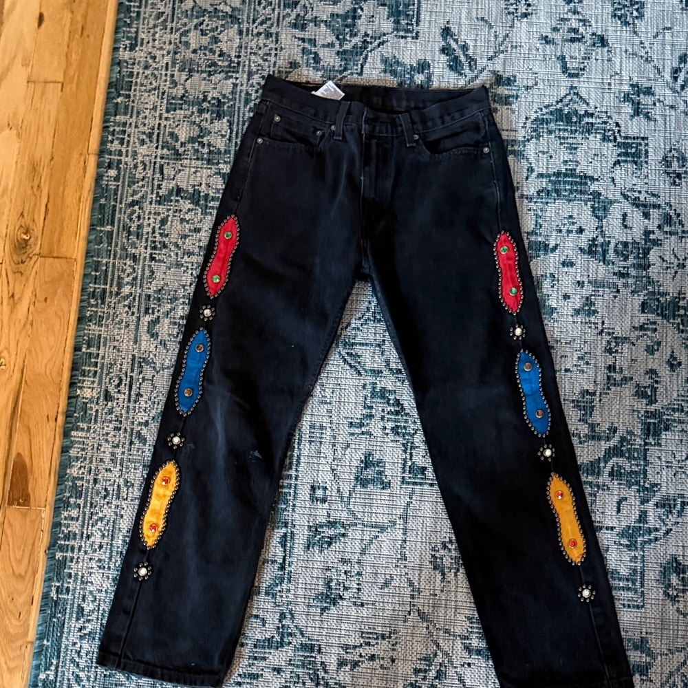 Levi’s Cowboy Rivets Black Jeans with Colorful Embroidery, patches 505 30/29